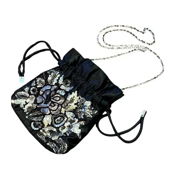 Vintage Jessica McClintock Black Floral Sequin Beaded Evening Formal Bag Purse - Picture 2 of 10